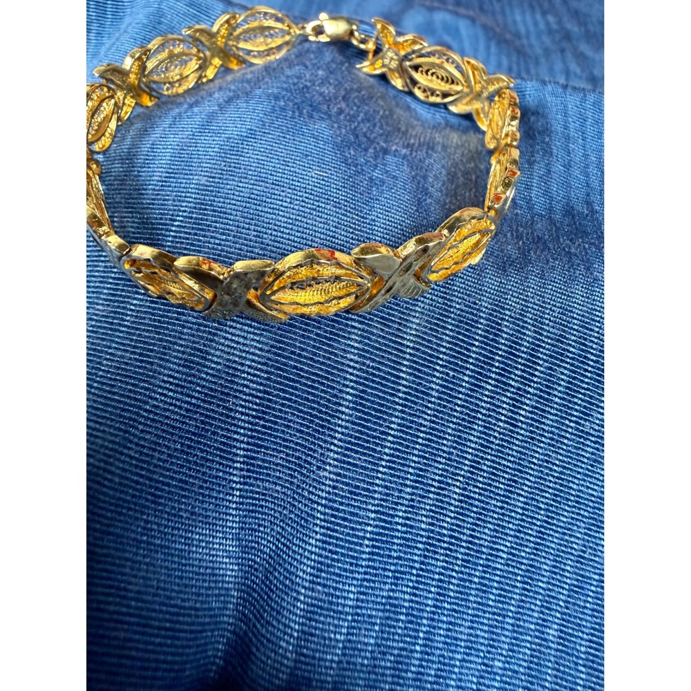 Vintage 925 Sterling Silver Gold Vermeil Filigree XO Bracelet Turkey 7.5 Inch - Picture 3 of 6